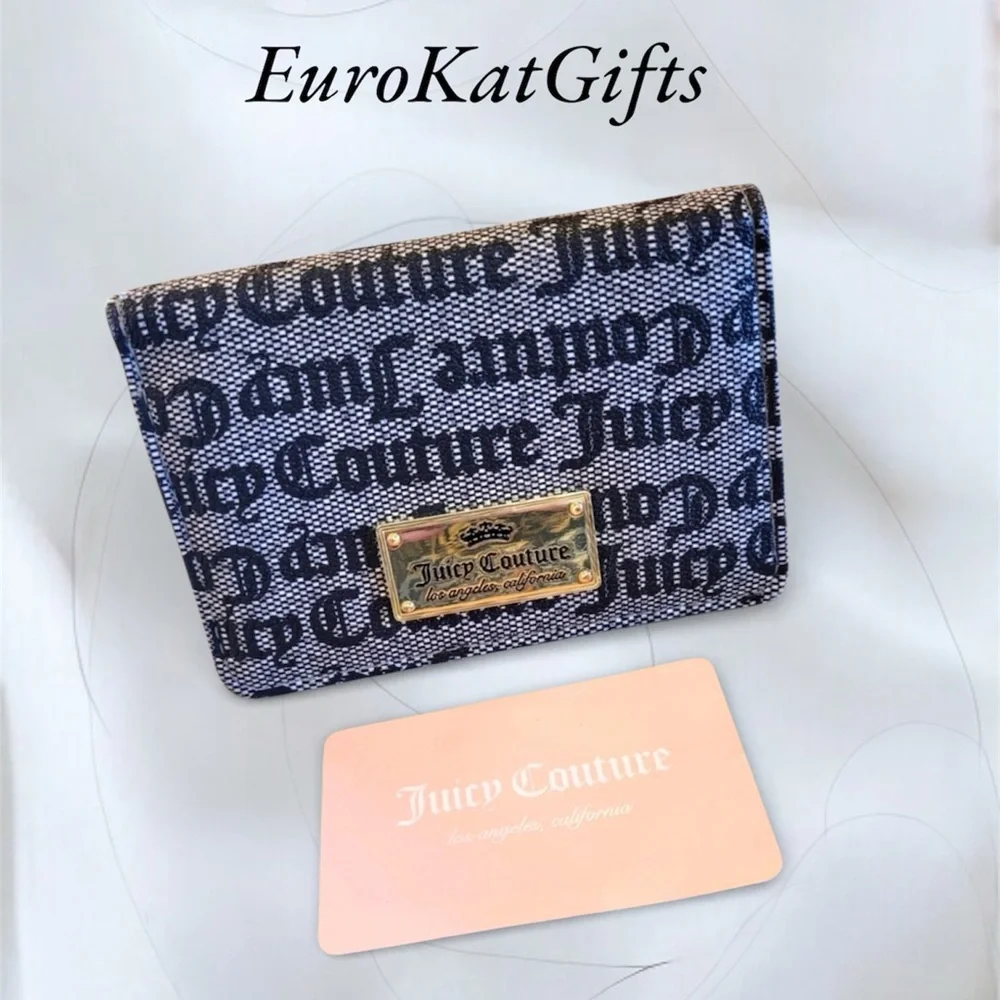 Juicy Couture Black and Gray Wallet Card slots Gold Keyring Classic NEW w Tags